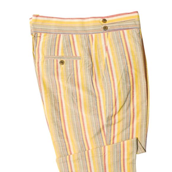 Mens Gurkha Pants 38 Yellow Pink Striped Cotton Trousers Straight Fit Flat Front - Picture 7 of 8